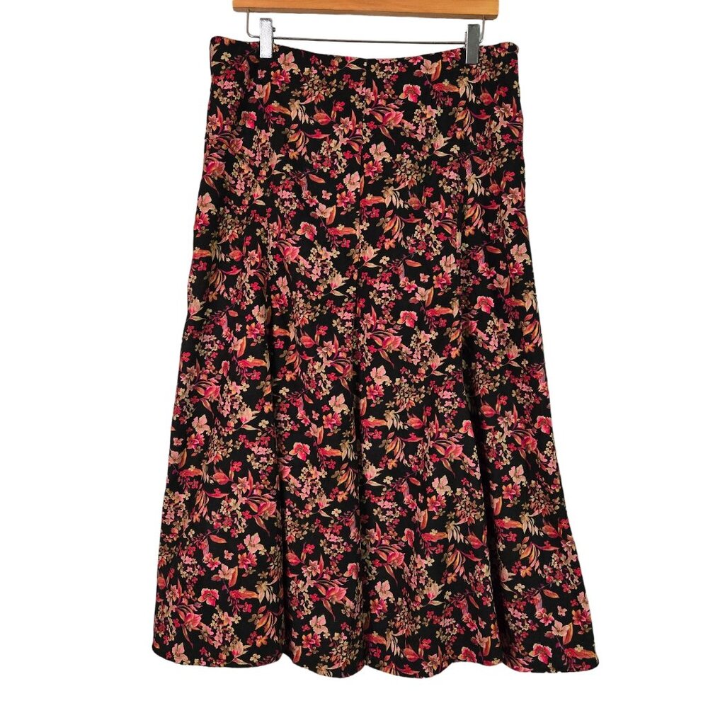 Vintage Dark Floral Womens 12 Floral A-Line Ruffle Midi Skirt Cottagecore 90's